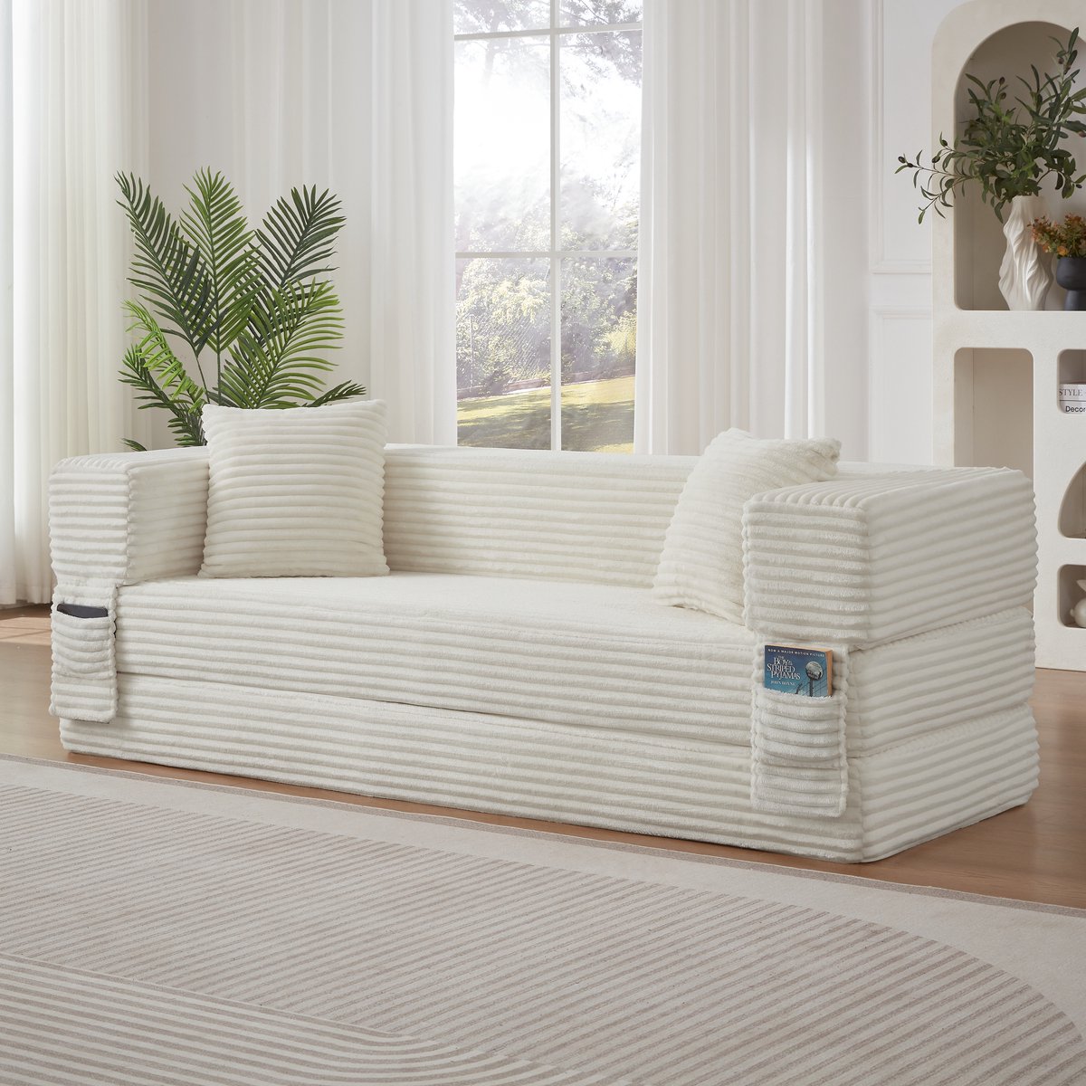 Wishdor Uitklapbare Slaapbank - Tweepersoonsbed van Schuim - Premium Ribstof met Zijvakken - Wit - 200x76x60 cm