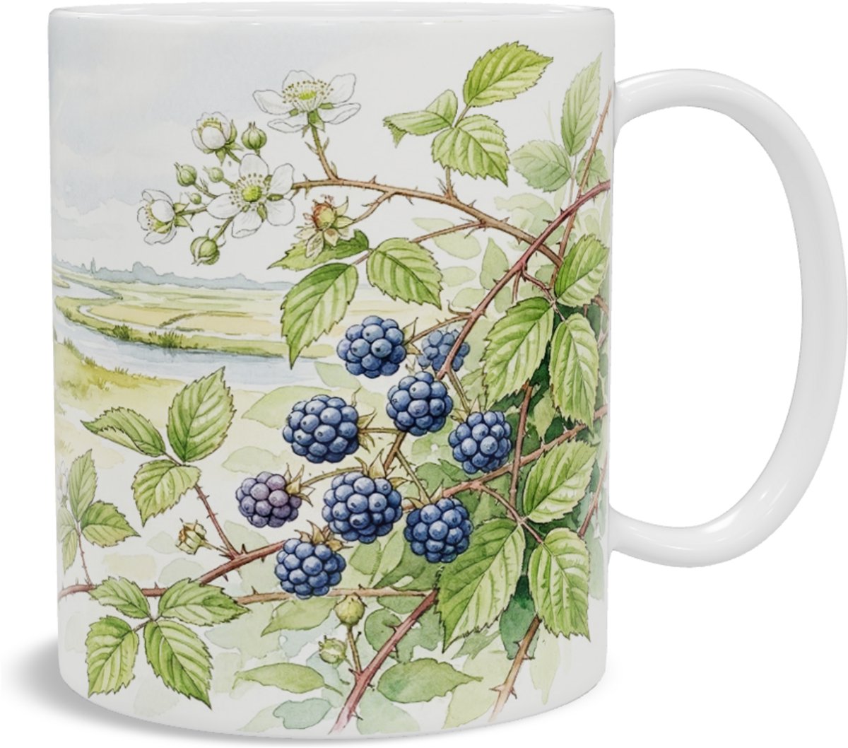 Koffiemok Dauwbraam Rubus caesius met duinlandschap en molen - Botanische theebeker met fruit bramen en natuurprint - Aquarel Series - Cadeau voor haar: Vrouw, Vriendin of Collega - Planten mok voor koffie of thee thuis en op het werk