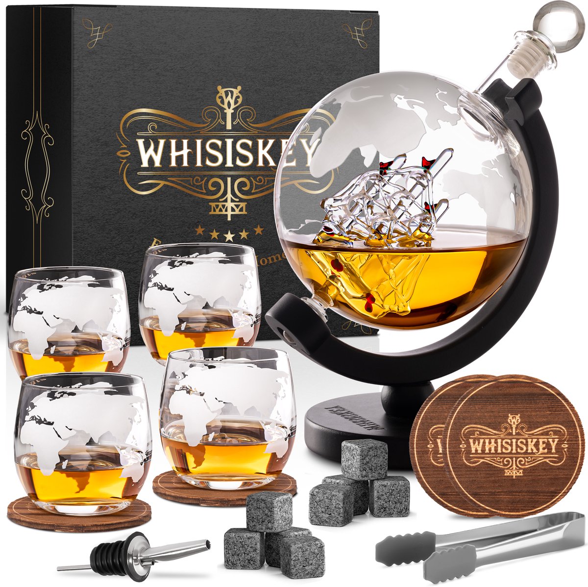 Whisiskey Whiskey Karaf - Wereldbol - Luxe Whisky Karaf Set - 0,9 L - Decanteer karaf - Whiskey Set - Incl. 8 Whiskey Stones, 4 Whiskey Glazen & Extra Accessoires - Vaderdag Cadeau