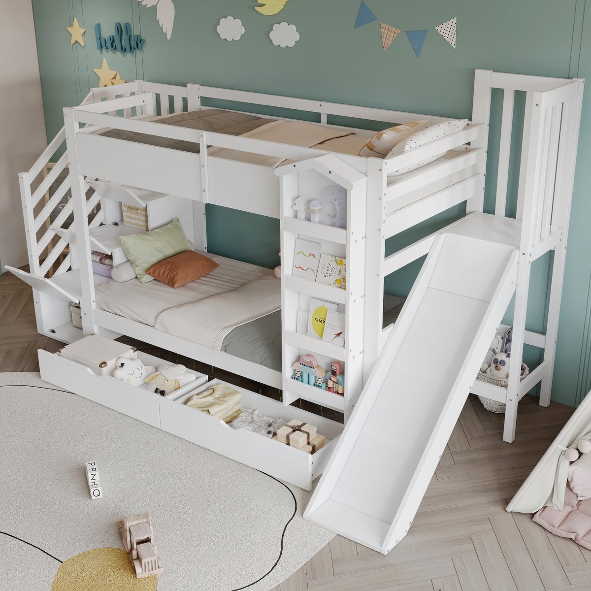 MIVRAY Stapelbed 90x200 cm - Met Glijbaan En Trapkast Met Opbergruimte - Met Boekenkast En 2 Laden - Zonder Matras - Hout - Wit