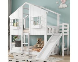 MIVRAY Stapelbed 90x200 cm - Kinderbed Met Glijbaan En Dak Met Ramen - Met Valbeveiliging En 3 Treden Ladder - Massief Hout MDF - Wit