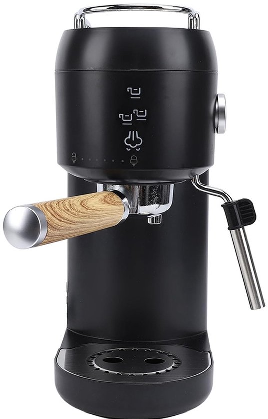 Zwarte espressomachine met houten handvat en metalen knop.
