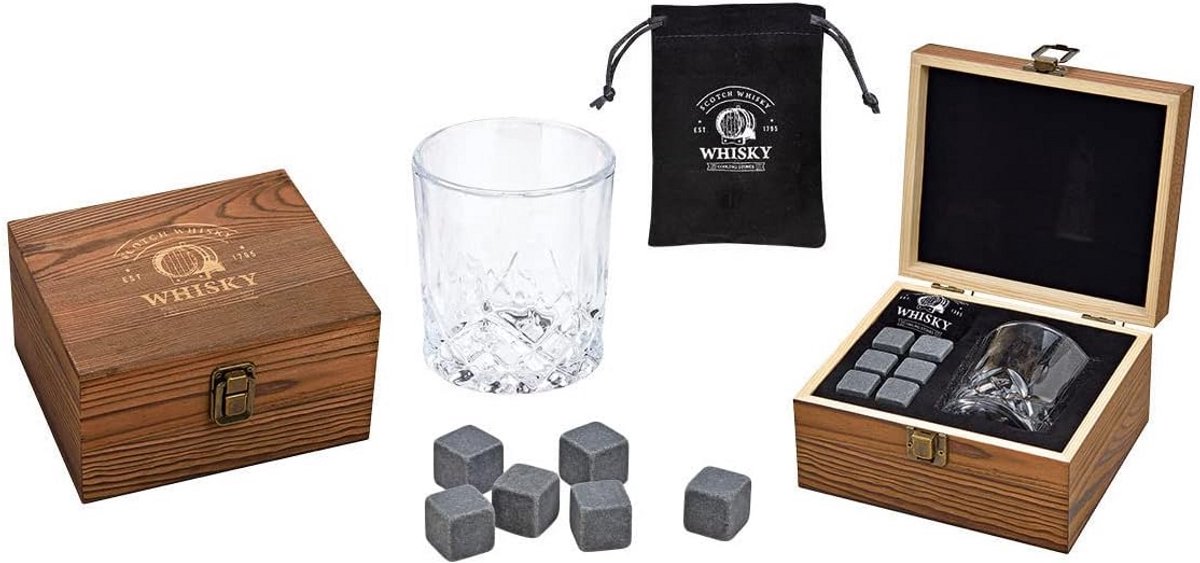 Whiskystenen set met glazen en houten doos