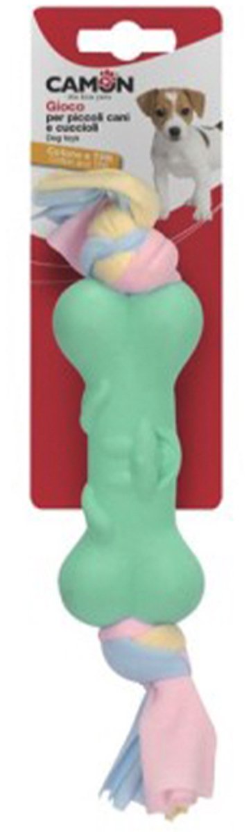 Camon - puppy toy - puppy speeltje - TPR been met katoen lintjes - licht groen - been 12 cm - totaal +- 20 cm - drijvend -ideaal voor de melktandjes van uw puppy