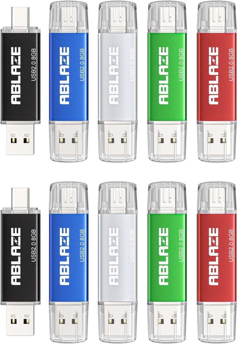 Dual USB C-sticks 8 GB, 10 stuks, OTG 2.0 2-in-1 voor Type-C mobiele telefoon/smartphone/laptop/notebook/pc