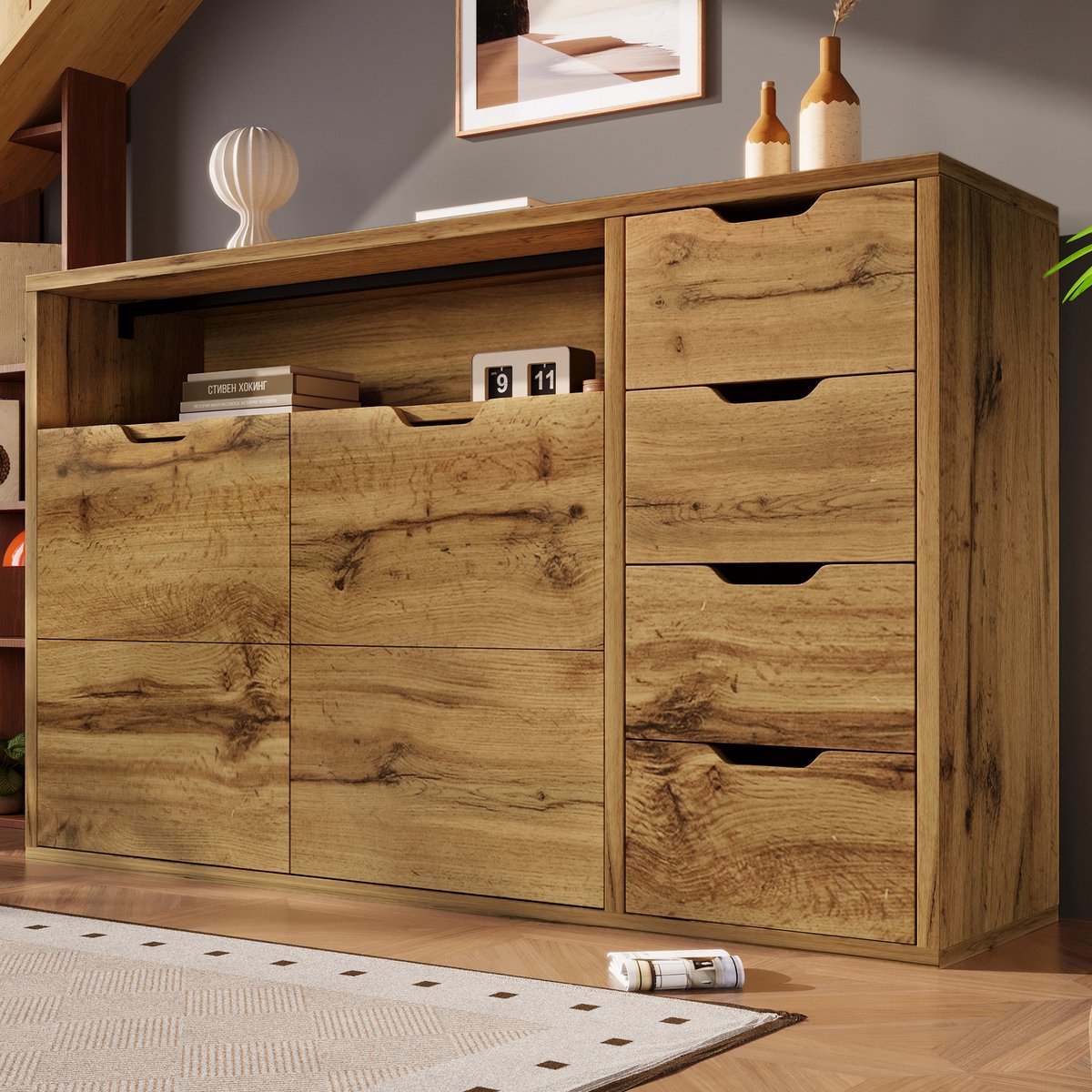 Wishdor Dressoir Met Open Vak - 2 Deuren - 4 Laden - Verstelbare Legplanken - Softclose Scharnieren - Anti-Kantel - Eikenlook - 150 X 40 X 90 Cm