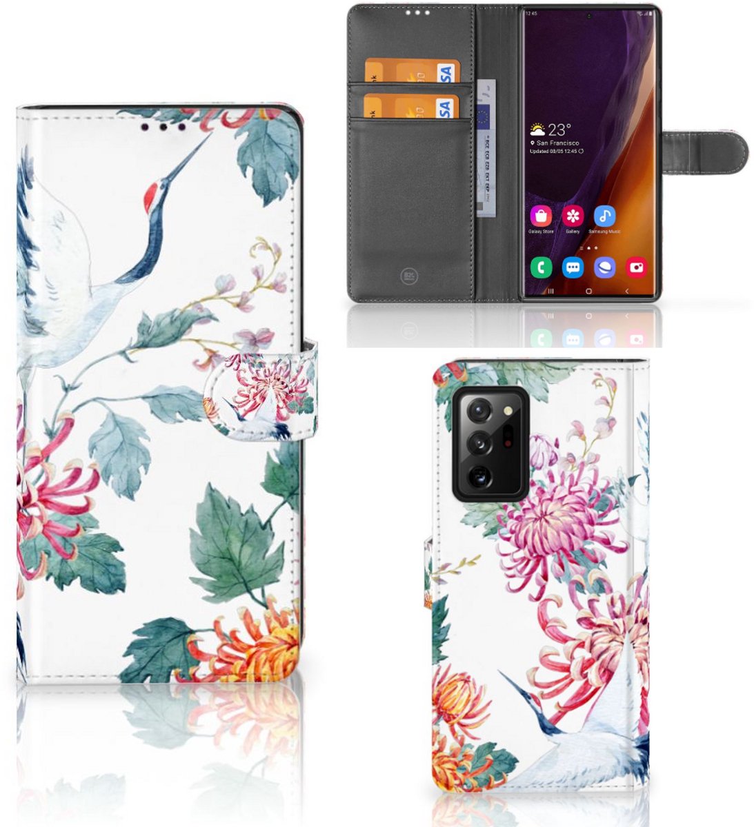 Samsung Galaxy Note20 Ultra Telefoonhoesje met Pasjes Bird Flowers