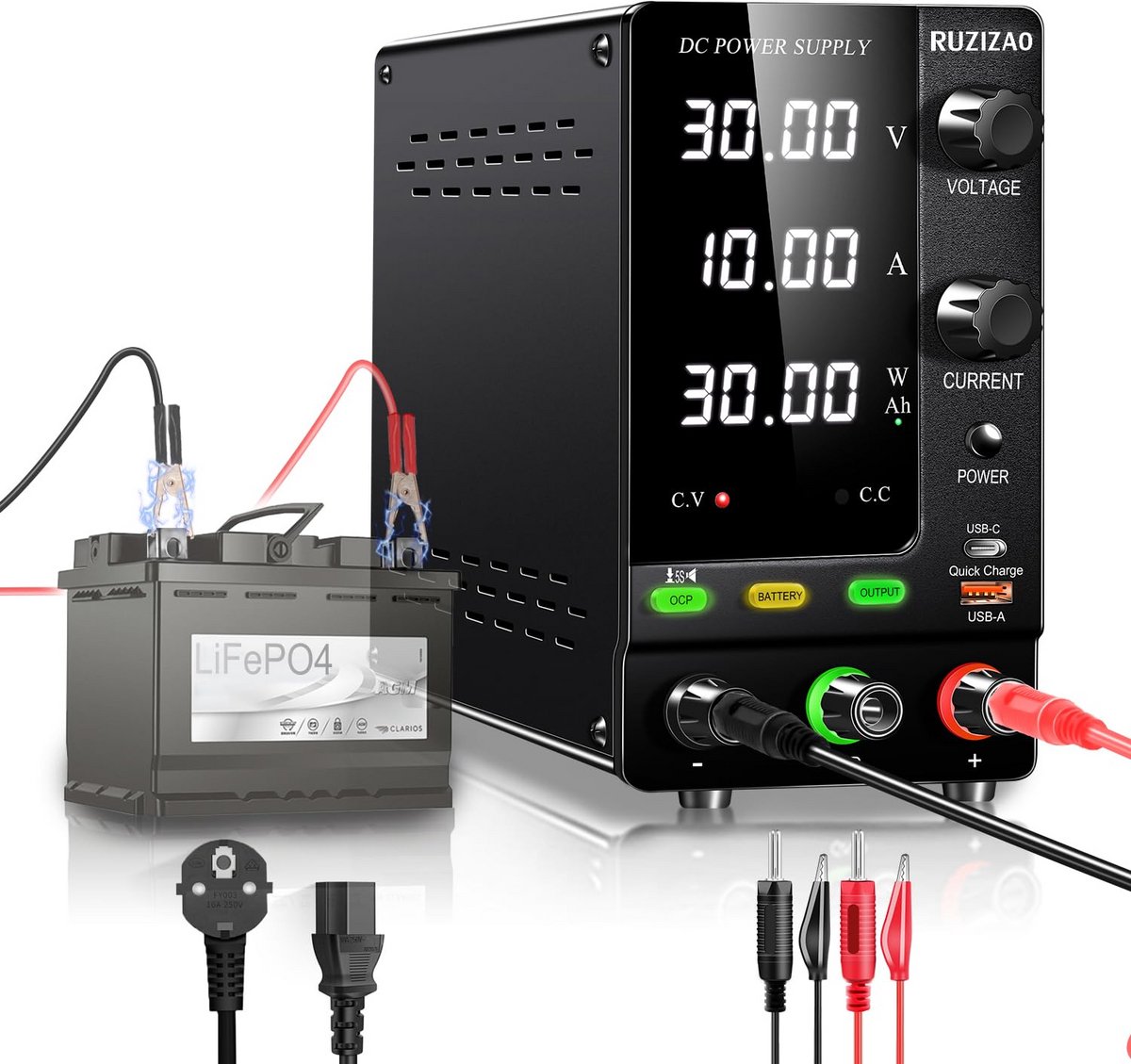 Laboratoriumvoeding 30V 10A met 4-cijferig LED-display en laadfunctie