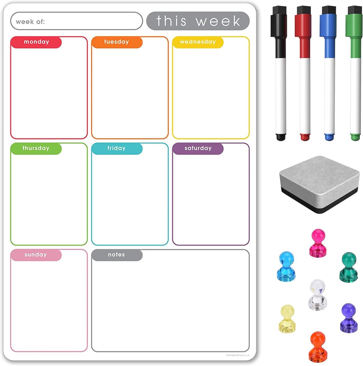 Weekplanner Magnetische A4 Memobord - Meerkleurig Whiteboard - Boodschappenlijst en Maaltijdplanner - 4 Magnetische Droogwispennen - Wisser - Kleurmemo A4