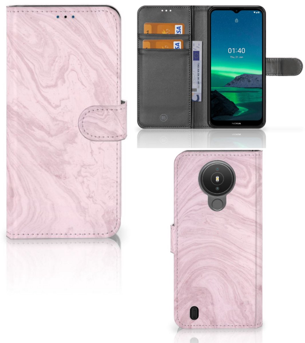 Book Case voor Nokia 1.4 Bookcase Marble Pink - Origineel Cadeau Vriendin