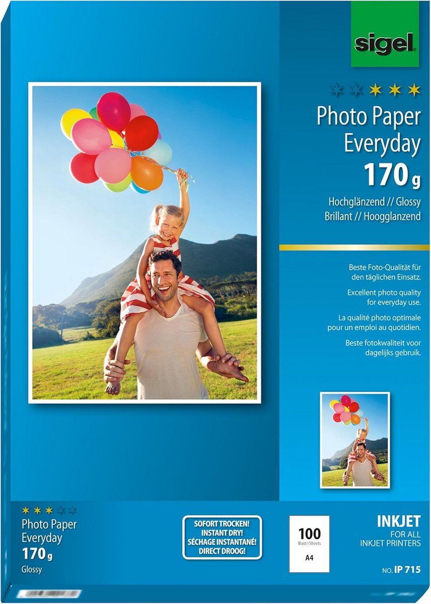 Hoogglanzend A4 fotopapier voor inkjetprinters, 170 g, 100 vellen