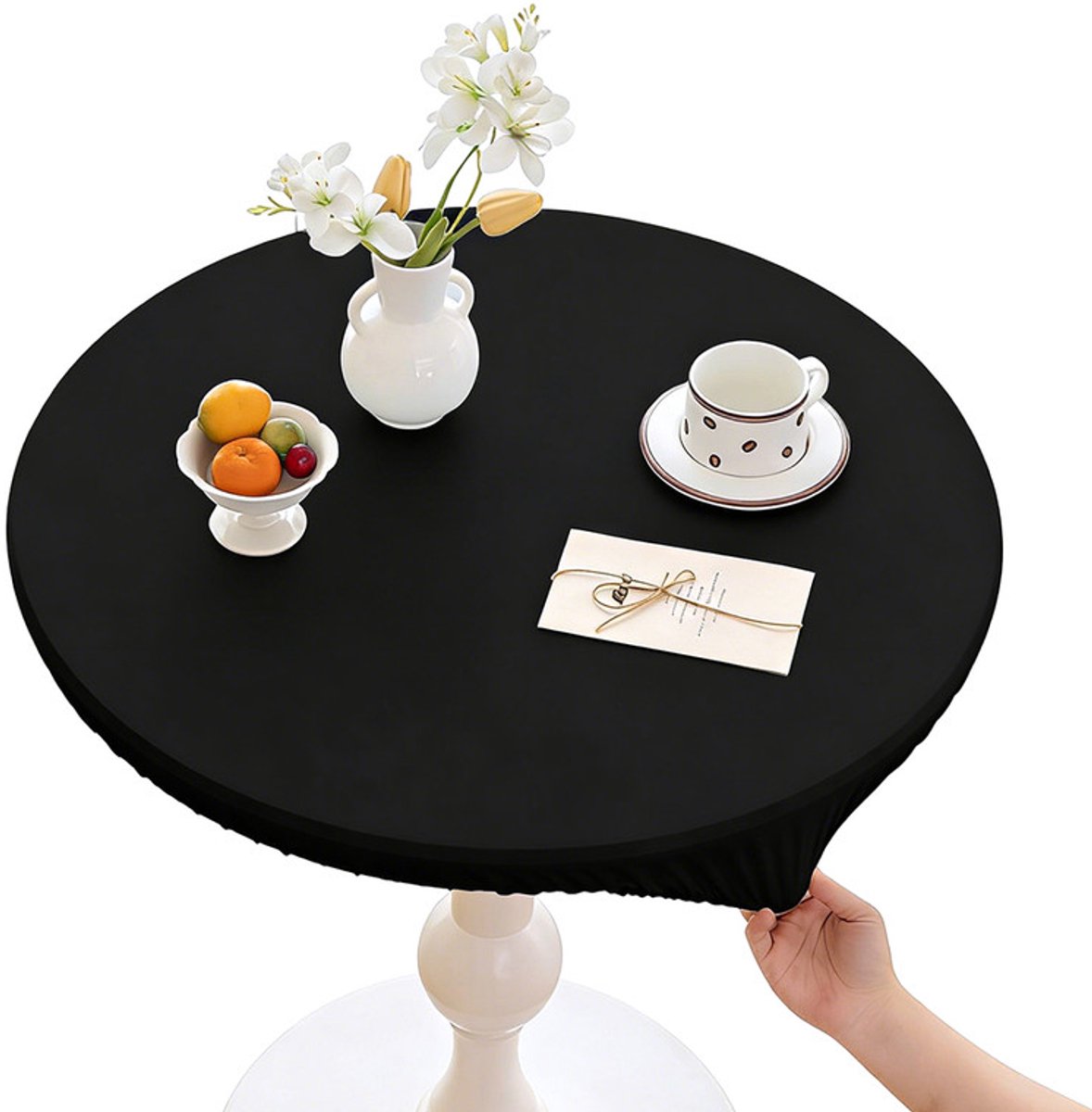 Rond tafelkleed - voor buiten - waterdicht - wasbaar - elastisch - tafeldiameter 110 cm - zwart