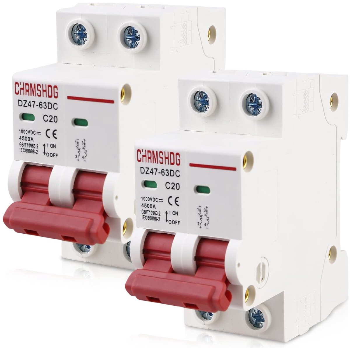 2 Stuks Stroomonderbrekers DC 1000 V 20 A voor Fotovoltaïsche Systemen - Veiligheidsschakelaar en Mini-Stroomschakelaar 35 mm