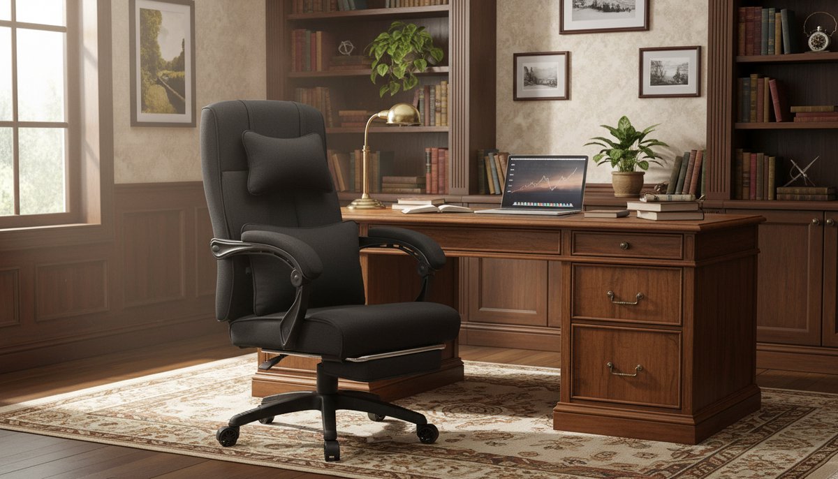 Ergonomische Directiestoel Casa Velluto Executive Comfort XL – Bureaustoel met Verstelbare Hoofdsteun, Lendensteun en Voetsteun – Draaibare Computerstoel met Hoge Rugleuning, Techno-Stof Bekleding – Zwart – Luxe Kantoorstoel