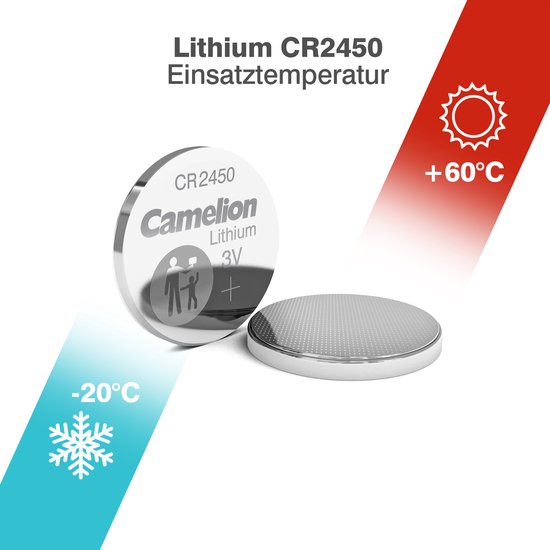 Camelion CR2450 lithium batterij, geschikt voor temperaturen van -20°C tot +60°C.