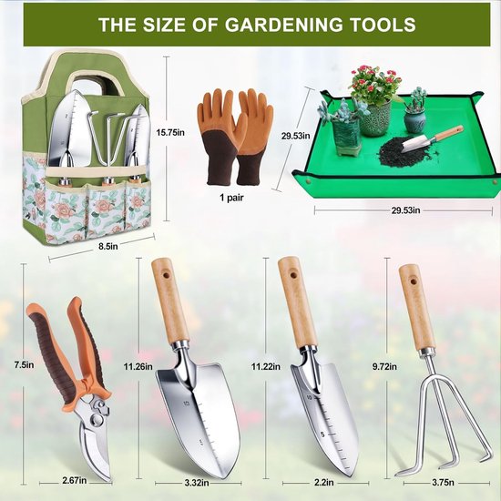 7-Delige Tuingereedschap Set - RVS Tuin Tools met Houten Handvatten - Inclusief Snoeischaar, Handschoenen, Verpotmat en Opbergtas van Merkloos	 — afbeelding 2