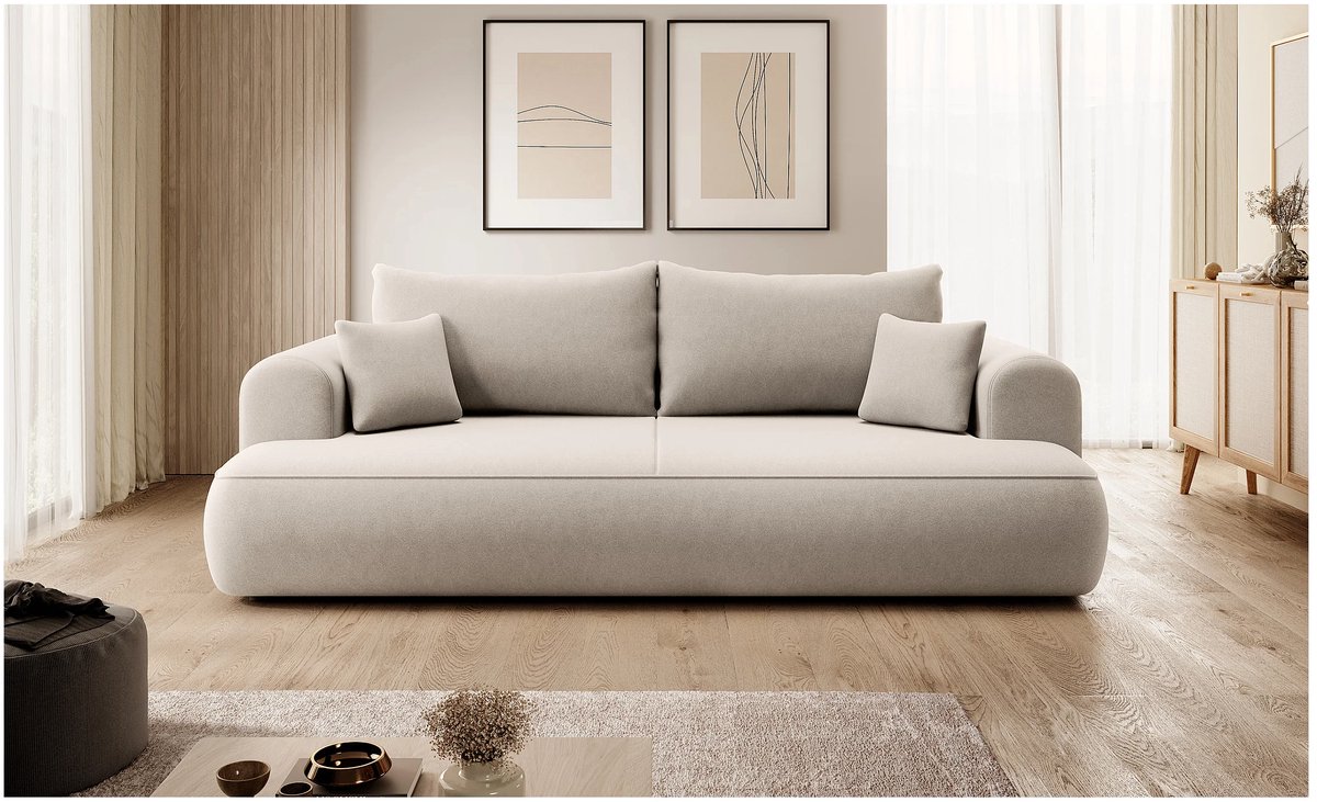 Slaapbank met slaapfunctie 250 × 110 × 92 cm – Lichtgrijze fluwelen 3-zits slaapbank met opbergruimte, DL-uitschuifbed 200 × 160 cm, moderne bank met sierkussens – Ovo Deluxe Comfort – Bellavero