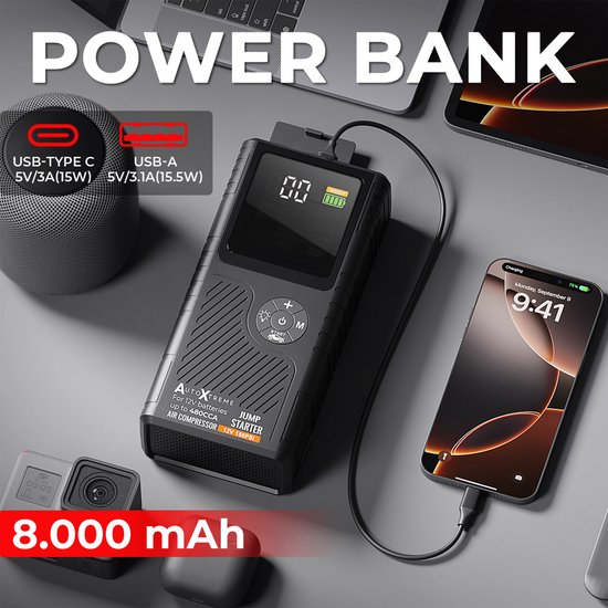 AutoXtreme 12V Jumpstarter met Compressor voor Auto – 480CCA - Boost Air Micro – Starthulp met Forcestart, Powerbank & LED-scherm – Incl. Zaklamp & Opbergkoffer