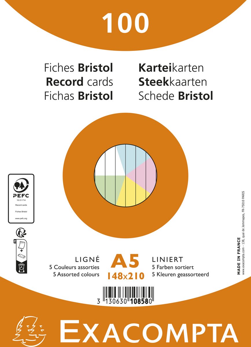 Exacompta 10x Pak 100 steekkaarten onder krimpfolie - Bristol gelijnd niet geperforeerd 148x210mm - Geassorteerd - 10858E