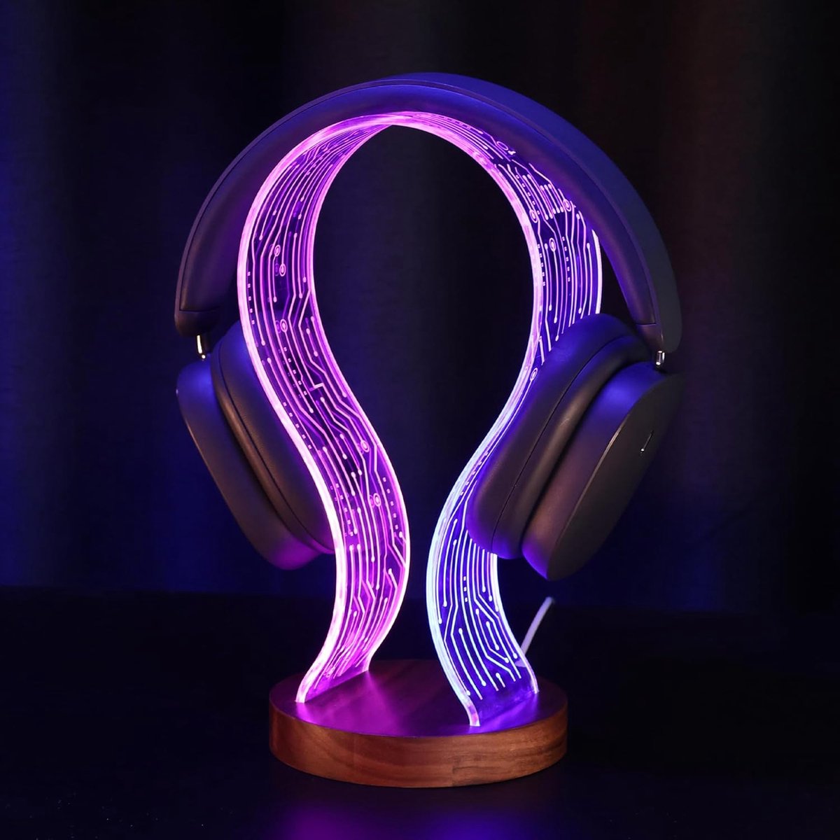 Hoofdtelefoonstandaard voor Gamers met LED-verlichting en USB-aansluiting - Walnoothout Gaming Bureau Accessoire