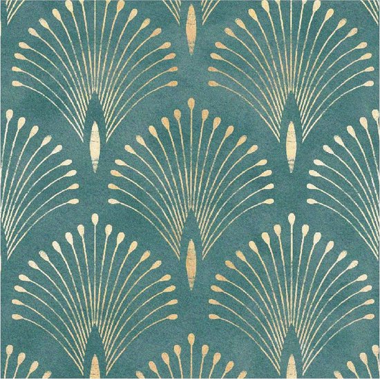 Donkergroen met goudkleurig, herhalend Art Deco waaierpatroon.