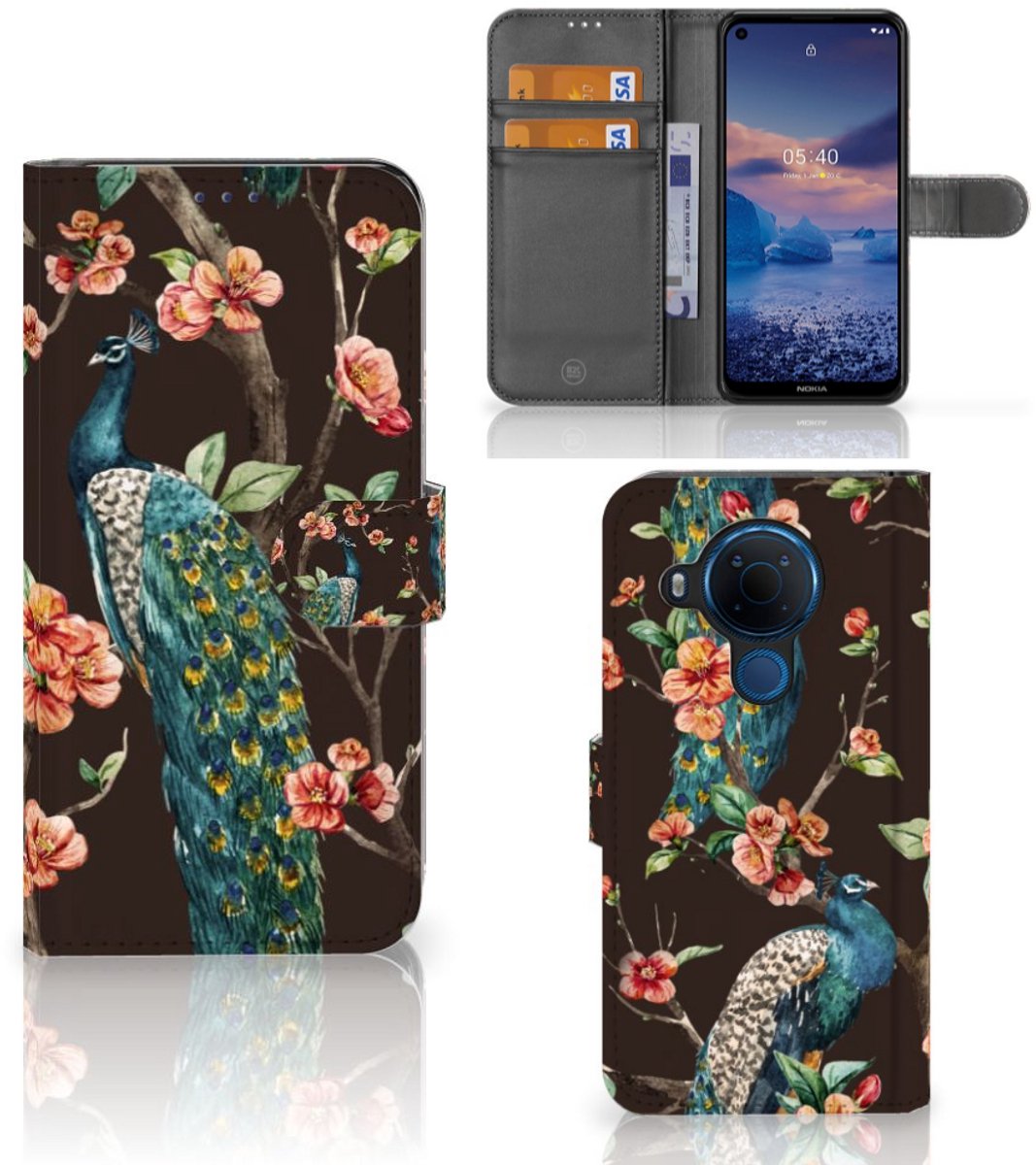 Nokia 5.4 Telefoonhoesje met Pasjes Pauw met Bloemen