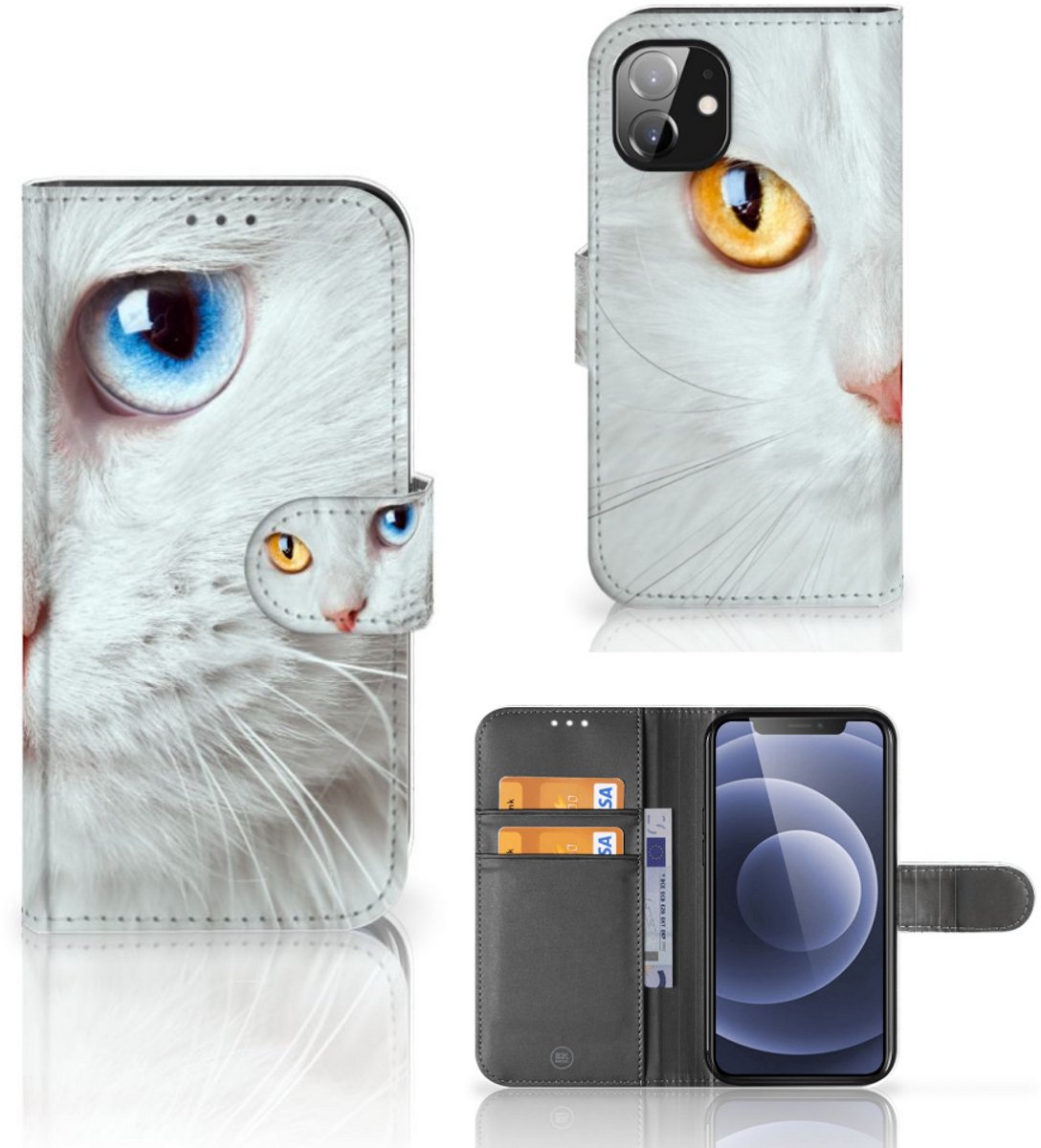 Apple iPhone 12 Mini Telefoonhoesje met Pasjes Witte Kat