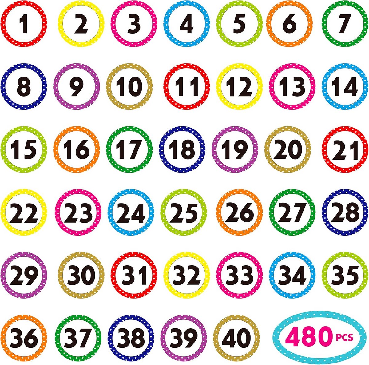 480 Stuks Ronde Nummerstickers 1-40 Stickers voor Organiseren en Codering