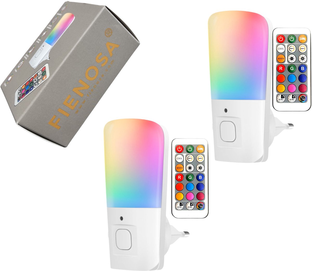 Fienosa Nachtlampje Stopcontact – 2 Stuks – Met Afstandsbediening – Dimbaar & Timer – Multi Kleur RGB & Warm Wit – Voor Kinderkamer & Baby