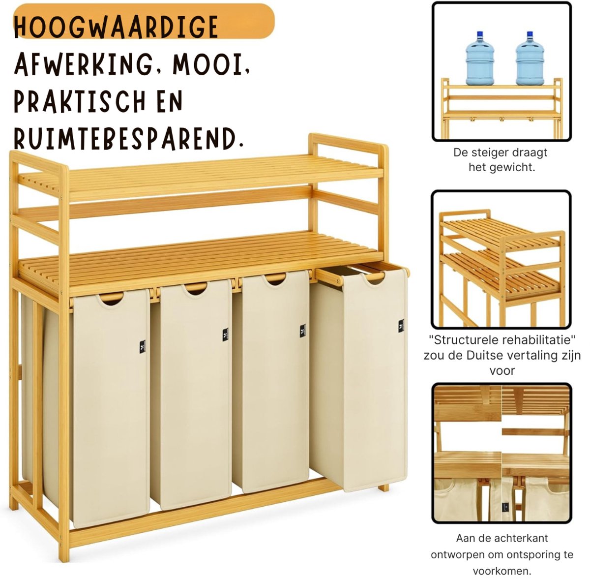 Florixa® Wasmand 4 Vakken - Wassorteerder - Wasmand - Bamboe Frame - Beige- 103cm x 41cm x 77cm