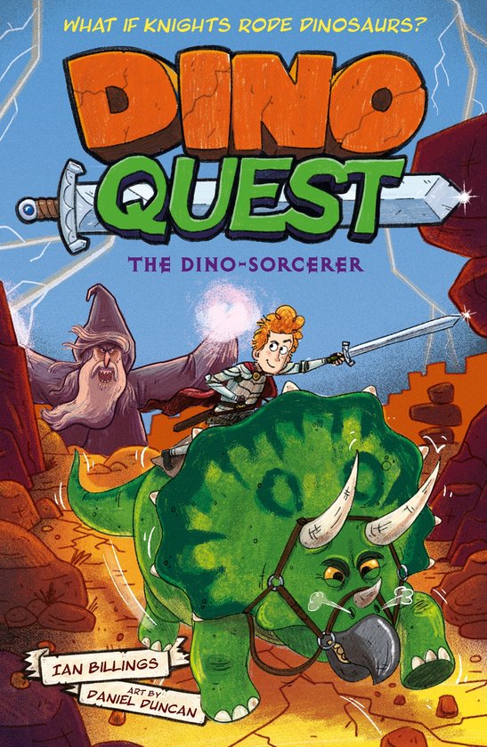 Boekomslag Dino Quest: The Dino-Sorcerer met een ridder op een groene triceratops tegenover een tovenaar.
