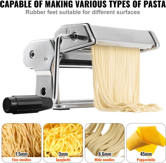 Handmatige Pastamachine - Pastamaker - Noedelmachine - RVS Deegroller en Snijder - 9 Dikte Instellingen - Spaghetti Fettuccine Lasagne - Tafelmodel met Klem - Voor Verse Zelfgemaakte Pasta en Deegvellen van Merkloos — afbeelding 3