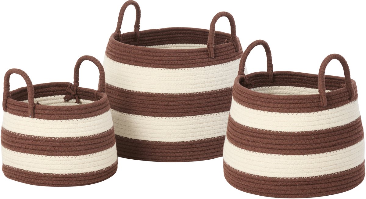 J-Line mand met handvat Rond Gestreept - polyester - donkerbruin - wit - set van 3