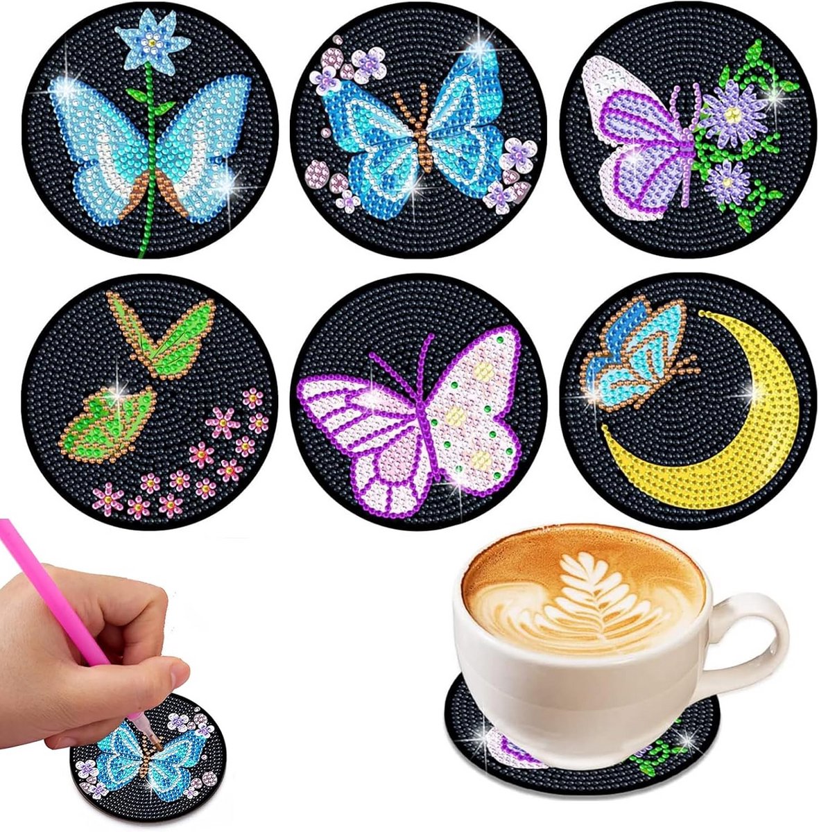 6x Diamant Schilderij Onderzetters DIY Set - Vlinder Thema - Inclusief Gereedschap