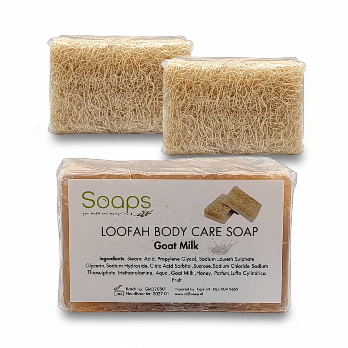 2x Geitenmelk & Honing met Natuurlijke Luffa Spons – Loofah Body Care Zeep – Hydraterende en Scrubbende Badzeep voor Lichaam, Gezicht en Handen