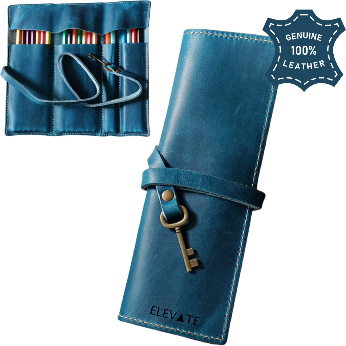 ELEVATE® Leren Pennen Etui Rol – Echt Leer Pen Organizer – Premium Pencil Case – Blauw