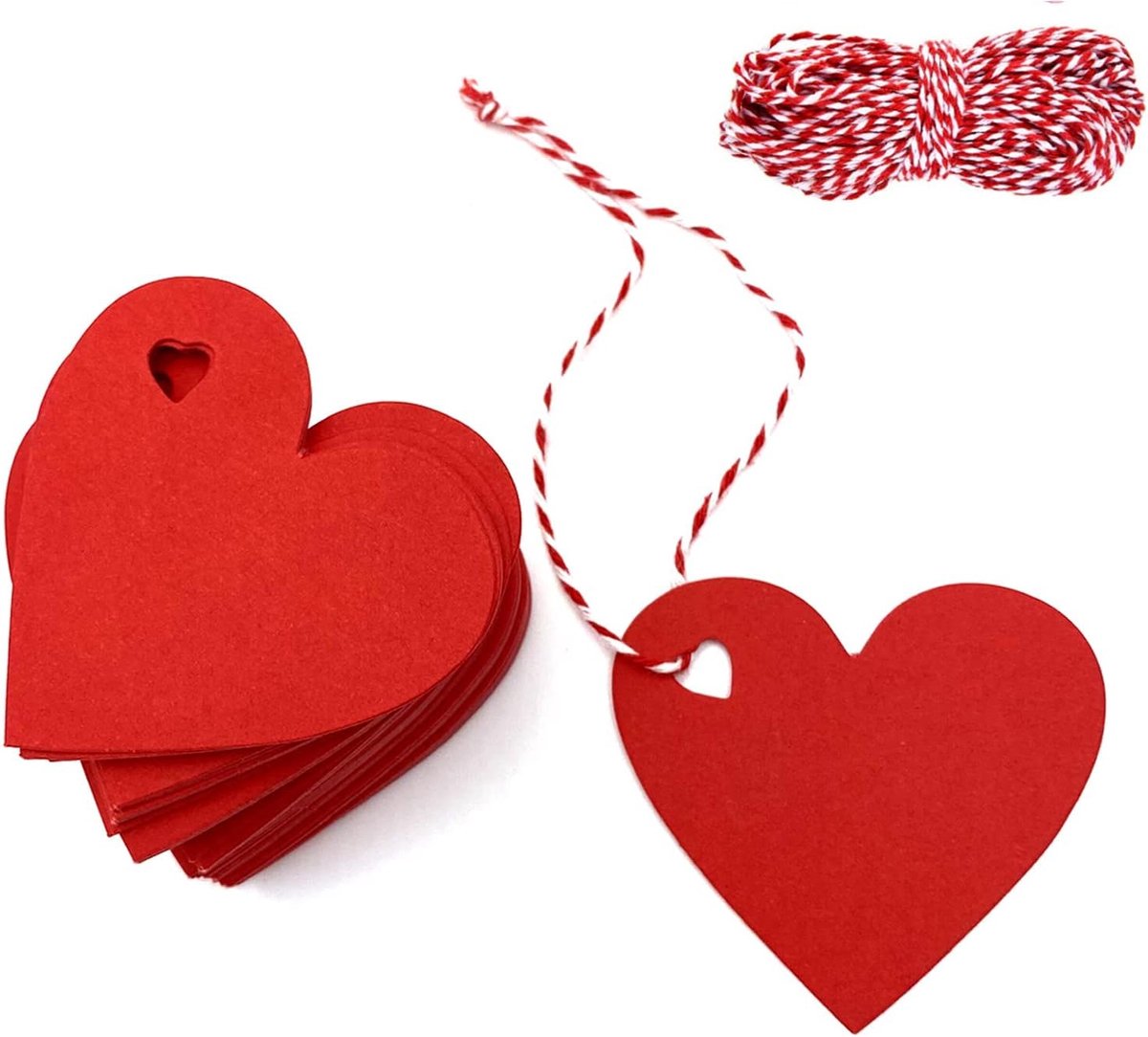 Imperatoris - Cadeau Tags - Labels - Kado Etiketten - Kraftpapier - Rood - Karton aan touwtjes - 100 stuks Hartvormige cadeaulabels - 6,5 x 6 cm - met jutetouw van 10 m