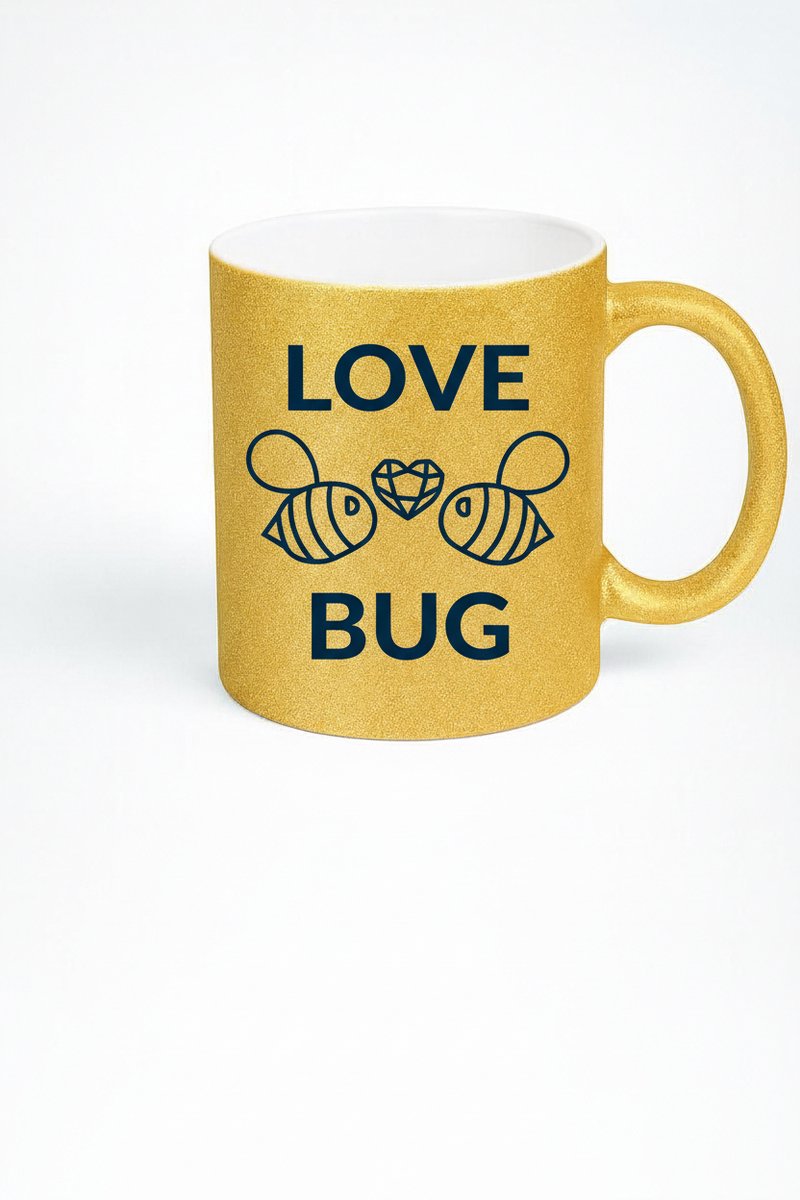 Gouden Glitter Mok Love Bug - Bijen Design met Hart - Romantisch Cadeau
