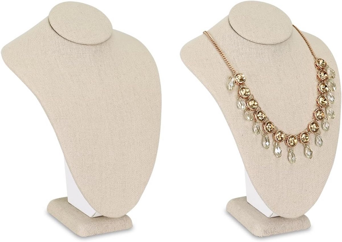 2-delige Set Sieraden Ketting Display Bustes - Tan Linnen Hoge Presentatiestandaard