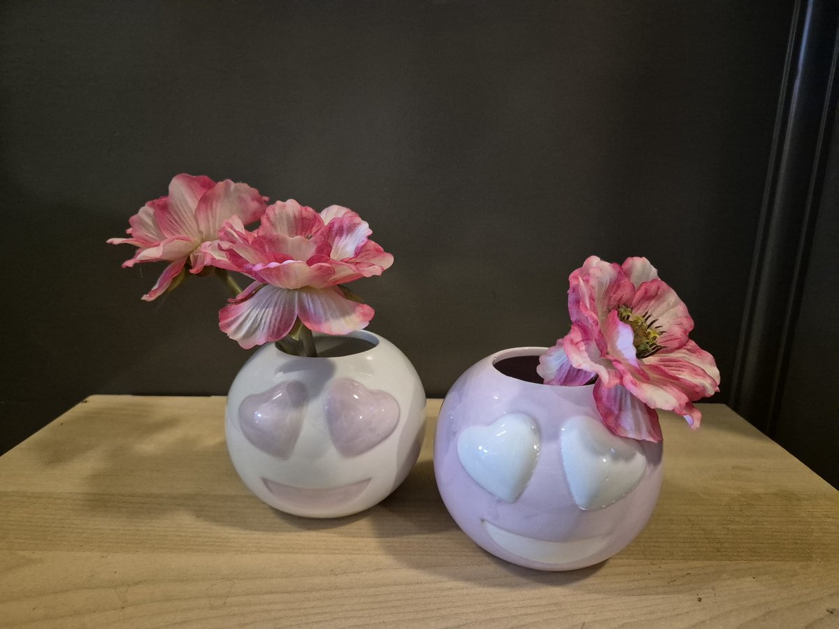 Smiley Bloempotje/ vaasje Set – wit/roze/Wit – 11x11x9 cm – Set van 2 – Vrolijke Decoratie