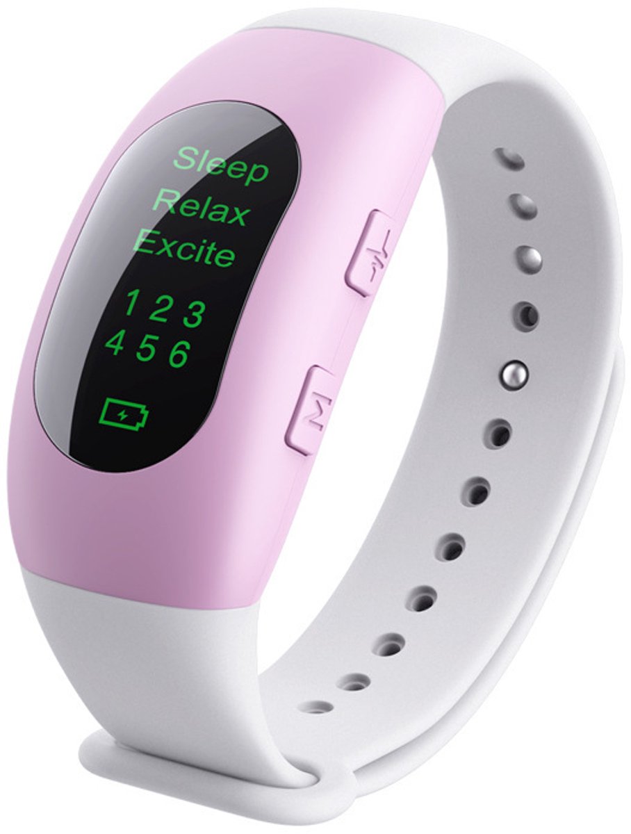 Slimme slaaphulpmiddelen ter verlichting van angst en slapeloosheid; smartwatches met ingebouwde slaapsensoren; roze slaaphorloge.
