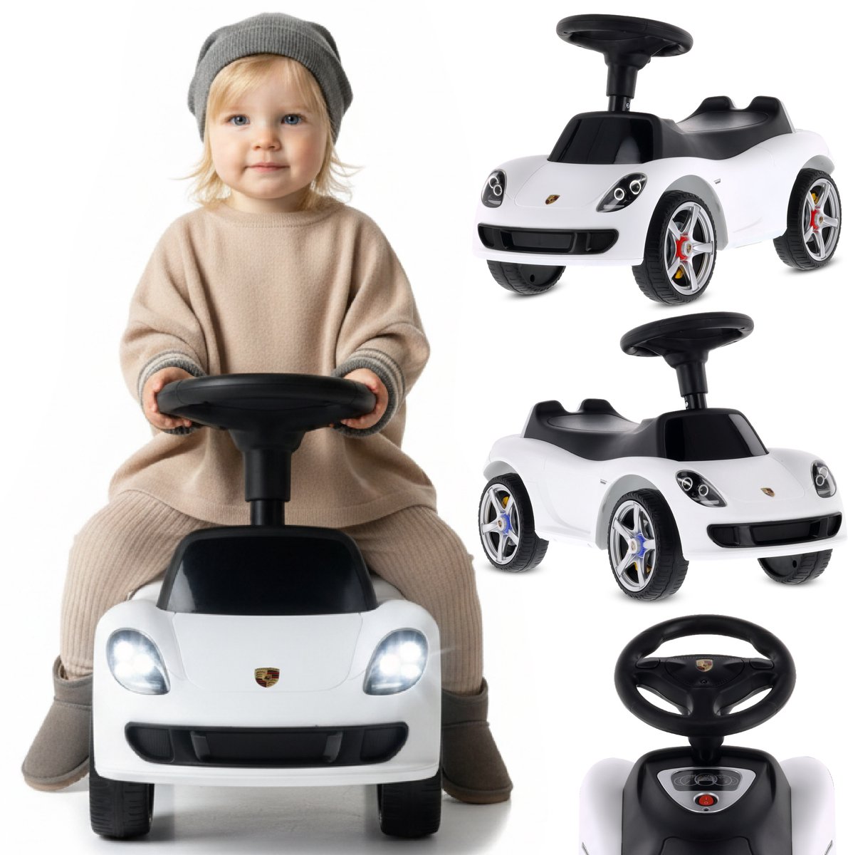 sun baby Loopauto voor kinderen vanaf 18 maanden – Porsche Carrera GT – stuur met knoppen, koplampen, realistische stickers, tot 30 kg, wit