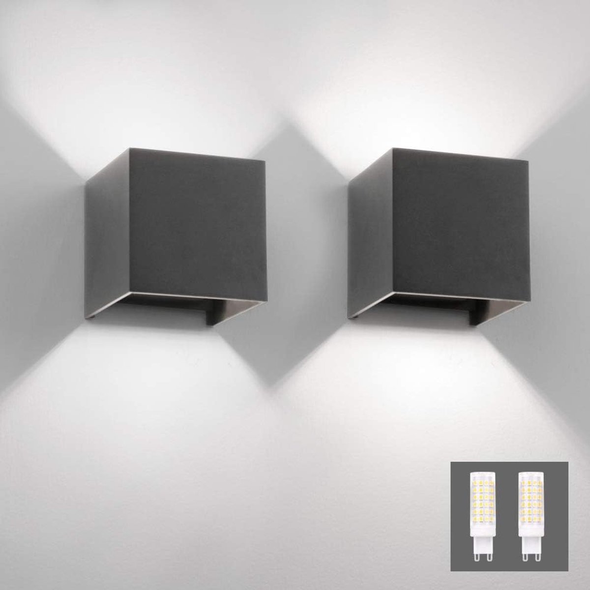 MELVRA LED Wandlamp Binnen & Buiten - Set van 2 stuks - Up and Down Light - Modern Design - Inclusief G9 LED Lamp - 6000K Koud Wit - Donkergrijs - Wandverlichting voor Woonkamer, Slaapkamer en Hal