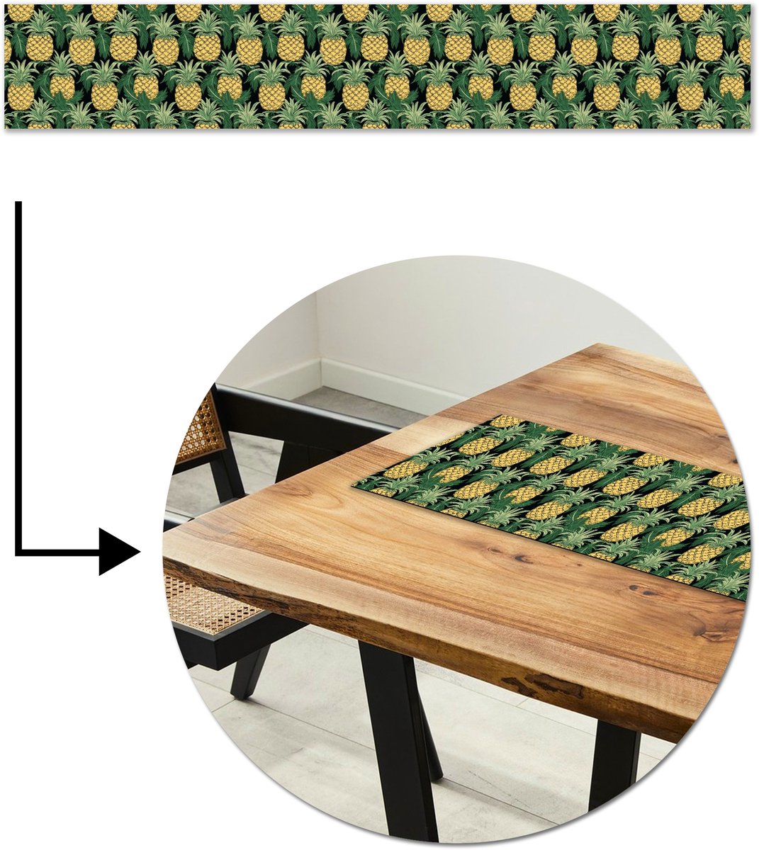Tafelloper 180x30 cm - Tafelmat vinyl Patroon - Tropisch - Ananas - Illustratie - Tafeldecoratie - Tafelversiering - Keuken decoratie - Tafel versiering