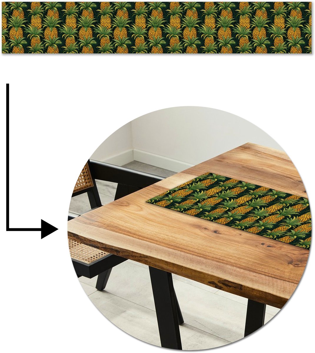 Tafelloper 180x30 cm - Tafelmat vinyl Illustratie - Patroon - Ananas - Tafeldecoratie - Tafelversiering - Keuken decoratie - Tafel versiering