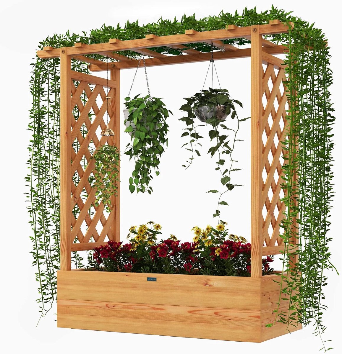 KOMFOTTEU verhoogd plantenbed met rankrooster, bloembak met hangend dak & afvoergaten, plantenbak met klimhulp voor tuin, terras, binnenplaats (Oranje, 100 x 44 x 113,5 cm)