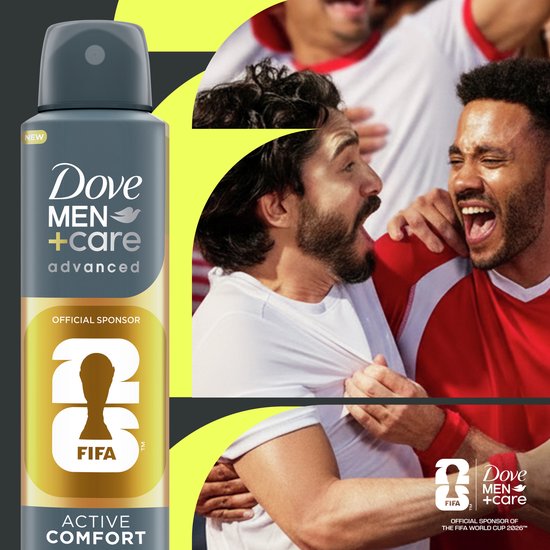 Dove Men+Care Advanced Active Comfort deodorant spray met vierende mannen op de achtergrond. Officieel sponsor van FIFA.