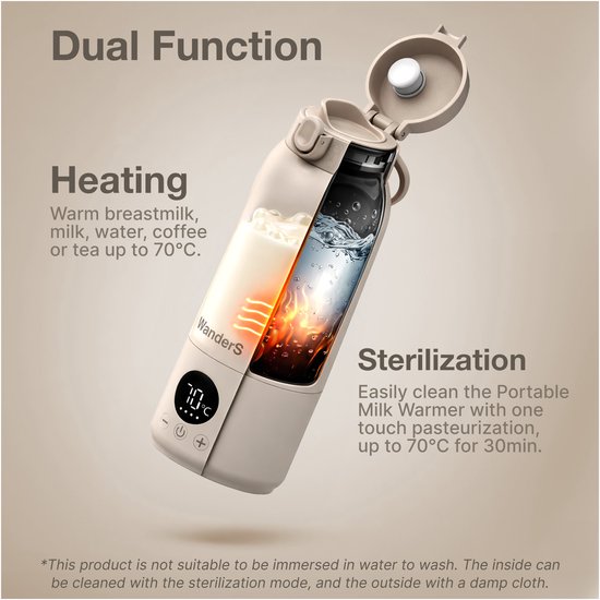 Draagbare Flessenwarmer Onderweg van WanderS - 500ML Draadloze Thermosfles met Temperatuurregeling, Ingebouwde Sterilisatiefunctie, 316L RVS, USB-C Opladen, Waterbestendig & Veiligheidsvergrendeling van Merkloos — afbeelding 3