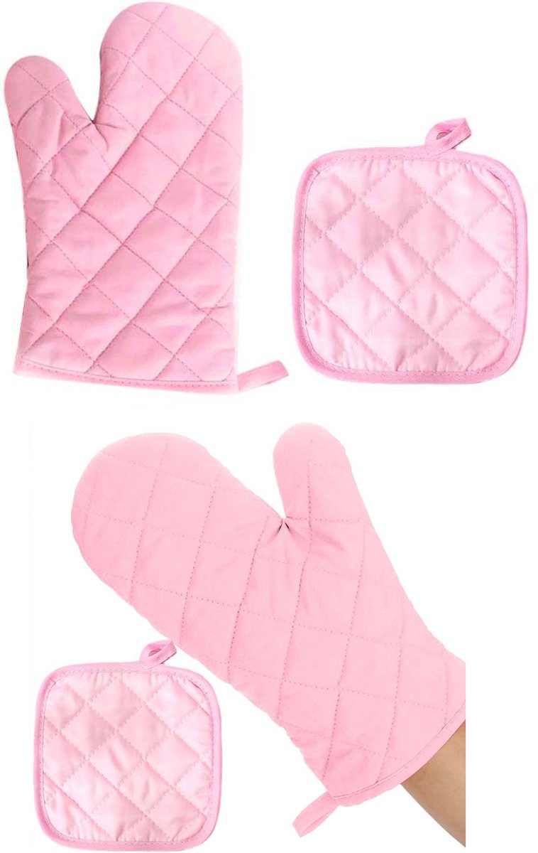 2 set - Pannenlappen & Ovenwanten - roze - Sterke Grip - Hittebestendige - voor Koken Bakken Barbecue en Keukengebruik