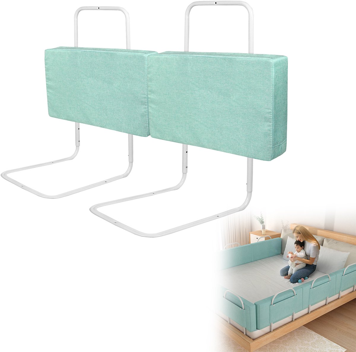 Froadp 2er 60 cm kinderbedhekje Bedhekje Bedbeschermingshekje voor kinderen Valbeveiliging Bed Kinderbedhekje 5-gaats in hoogte verstelbaar voor kinderbed & gezinsbed Groen